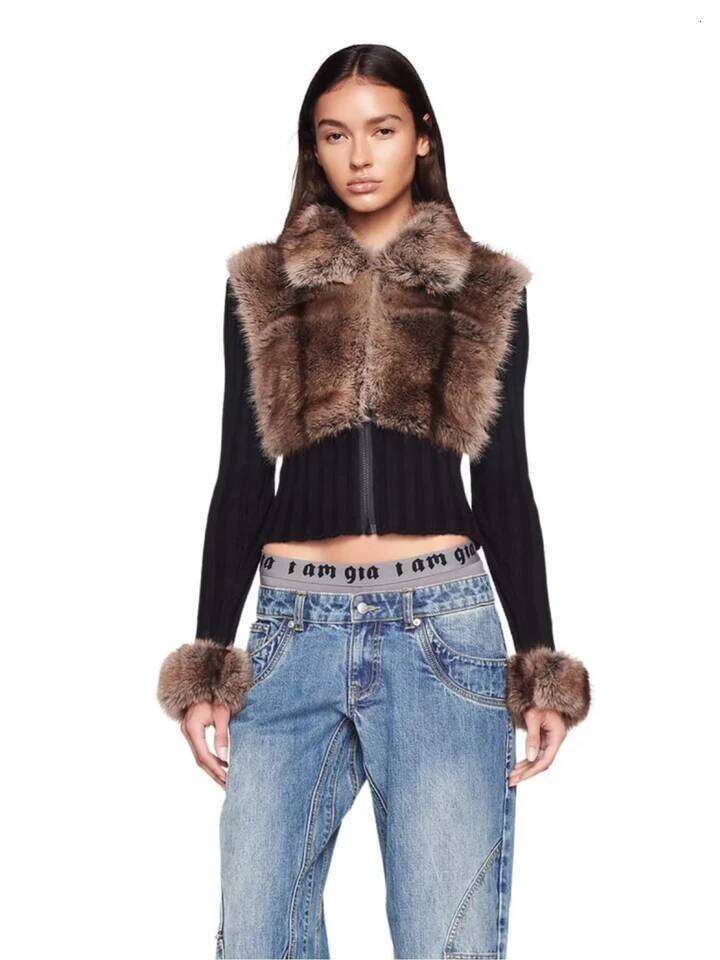 Ia Eco-Friendly Fur Patchwork Women's Jacket Lapel Zipper Knit Sweater Cardigan Warm And Trendy Style
