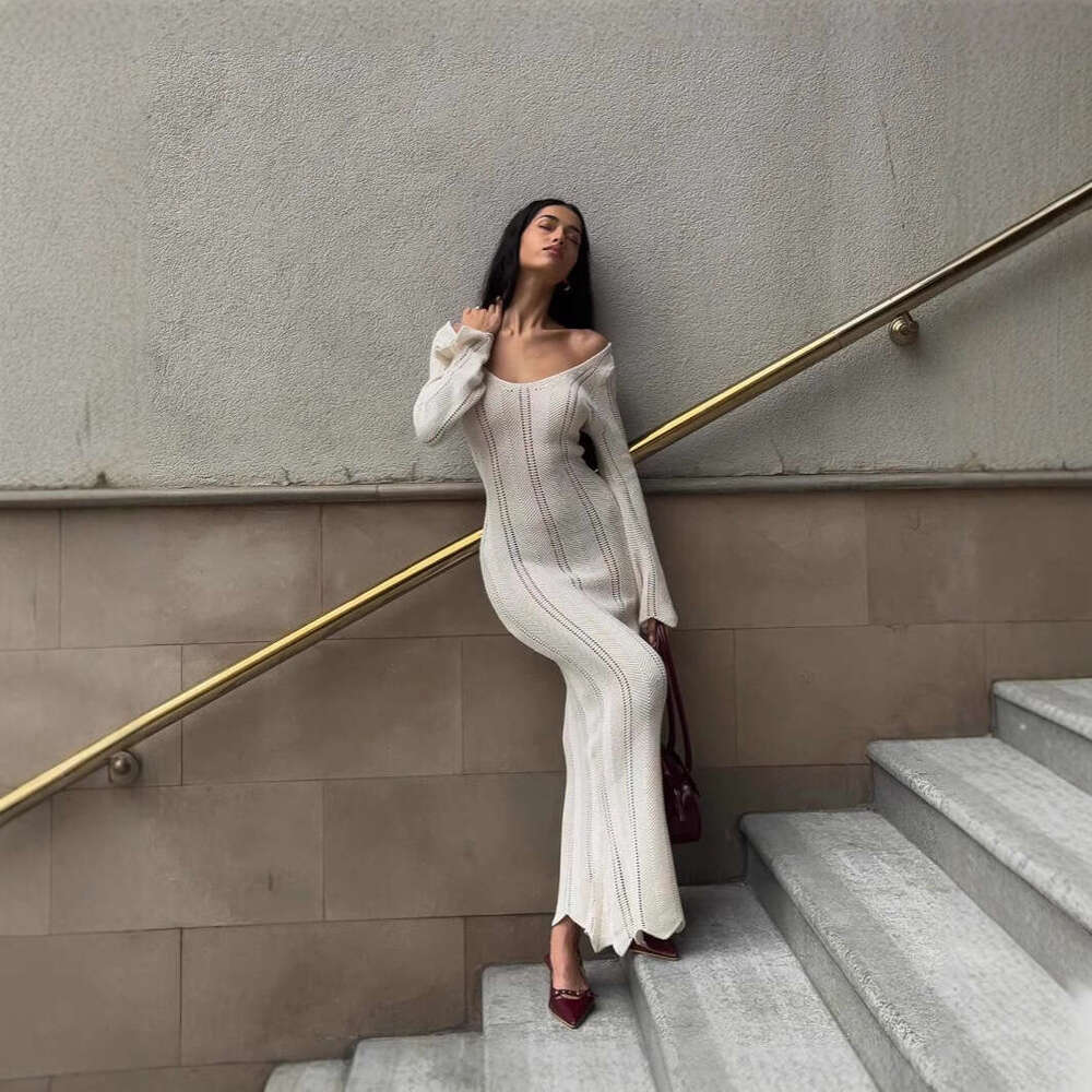 Elegant Knitted Sweater Long Sleeved V-neck Dress Women Slim Hollow Out Female Party Club Evening Dress Vacation