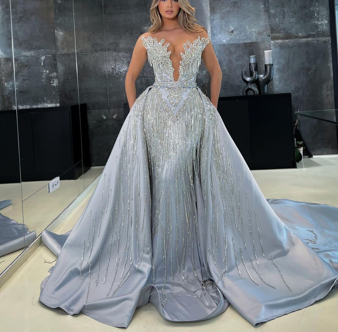 Luxury Mermaid Evening Dresses Sleeveless V Neck Detachable Train Appliques Sequins Floor Length Bead Diamonds Tassel Prom Dress Formal Plus Size Pa