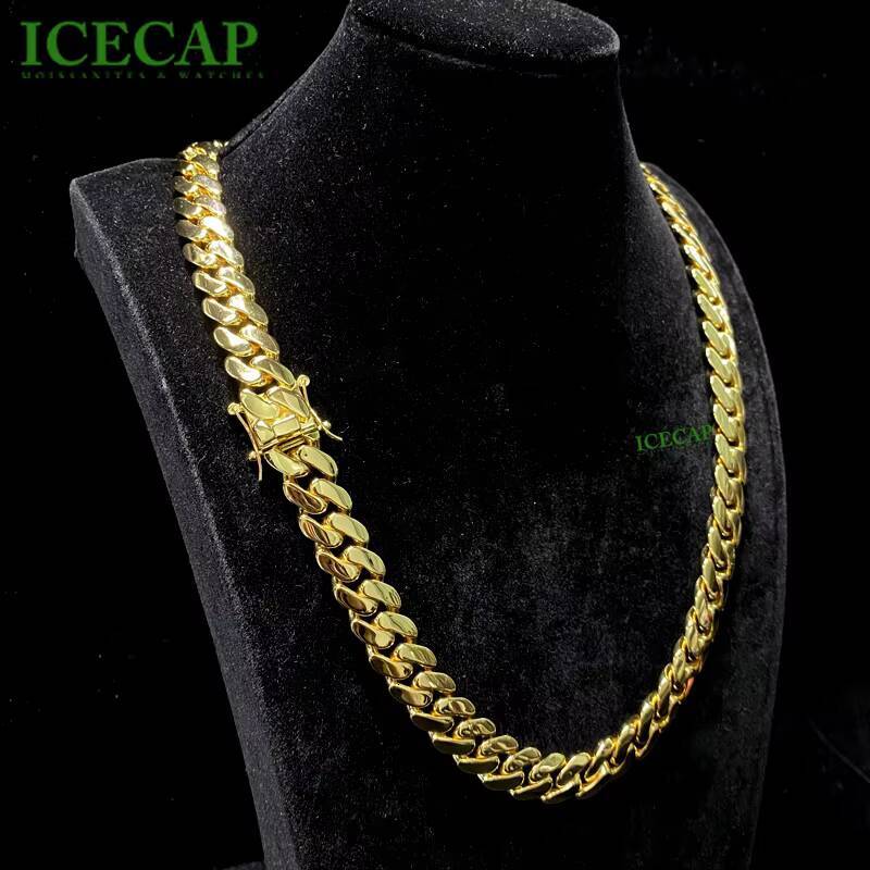 14mm Cuban Link Chain 18k Gold Plated Solid Silver Hiphop Cuban Necklace Custom Miami Plain Cuban Chain