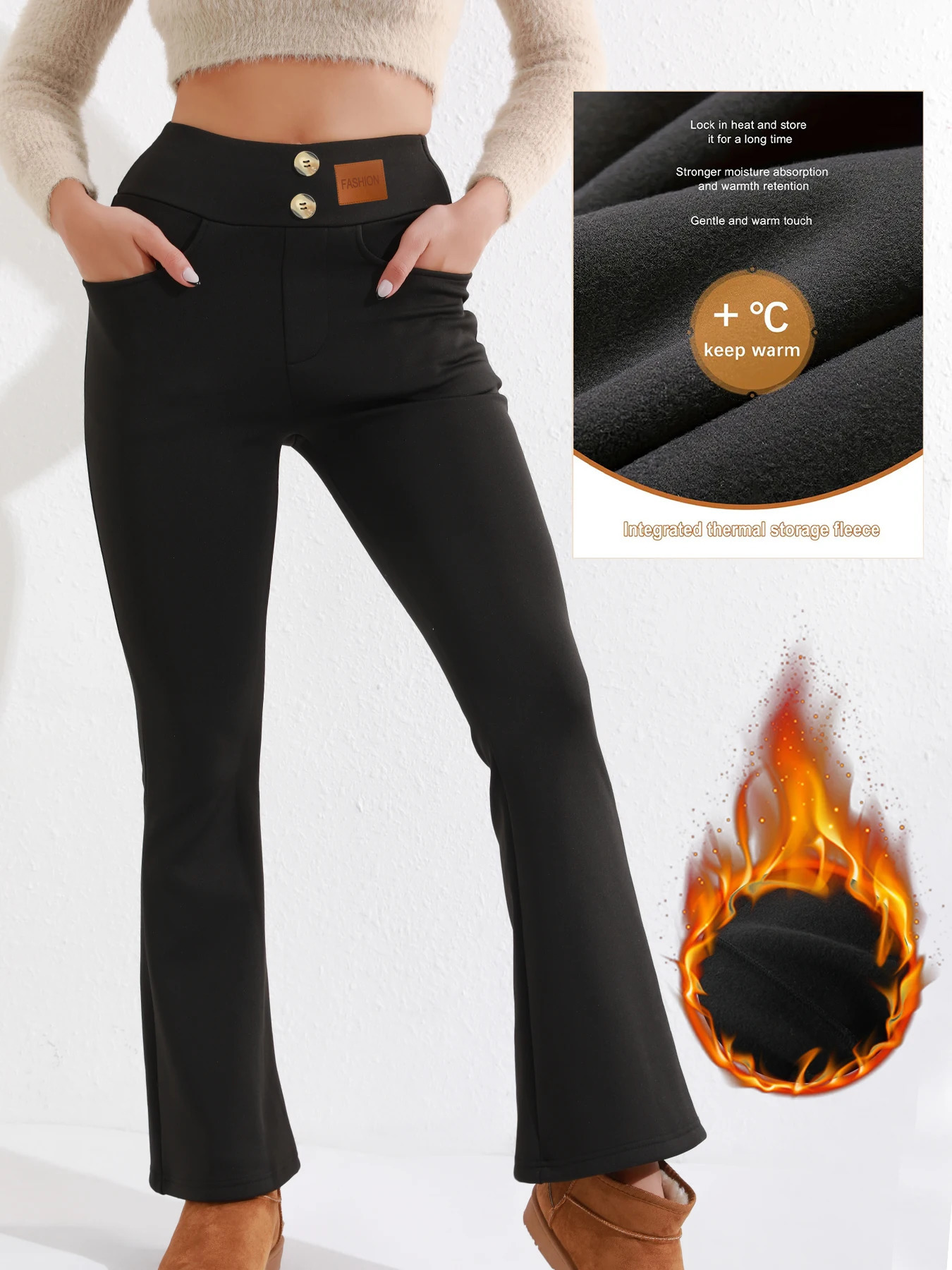 Fleece Lined Warm Pants with Pockets Elastic Waist Buckle Detail Bell Bottom Long Trousers 251211