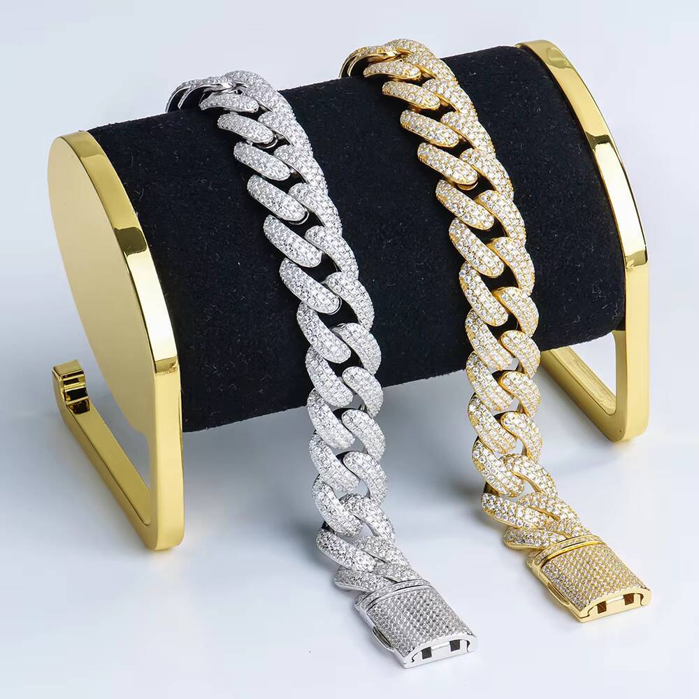 Superior Jewelry 925 Sterling Silver Full Iced Out Moissanite Diamond Hip Hop 14mm 3-row Bubble Style Cuban Link Chain Bracelet