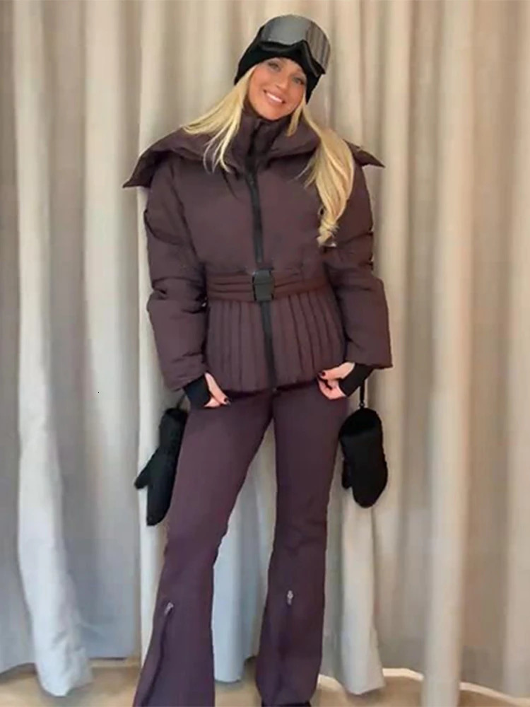 Women Down Jacket Women ladies winter down Hooded Tiewaist Ski Suit Pink Flared Leg Fur Trim Waterresistant Fabric Winter Outerwear Fashion Sweet Sn
