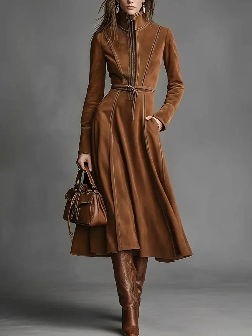 Elegant Retro Solid Suede Dresses Woman Stand Collar Zipper Slim Aline Dress Long Sleeve Lace Up Pocket High Street Midi 251213