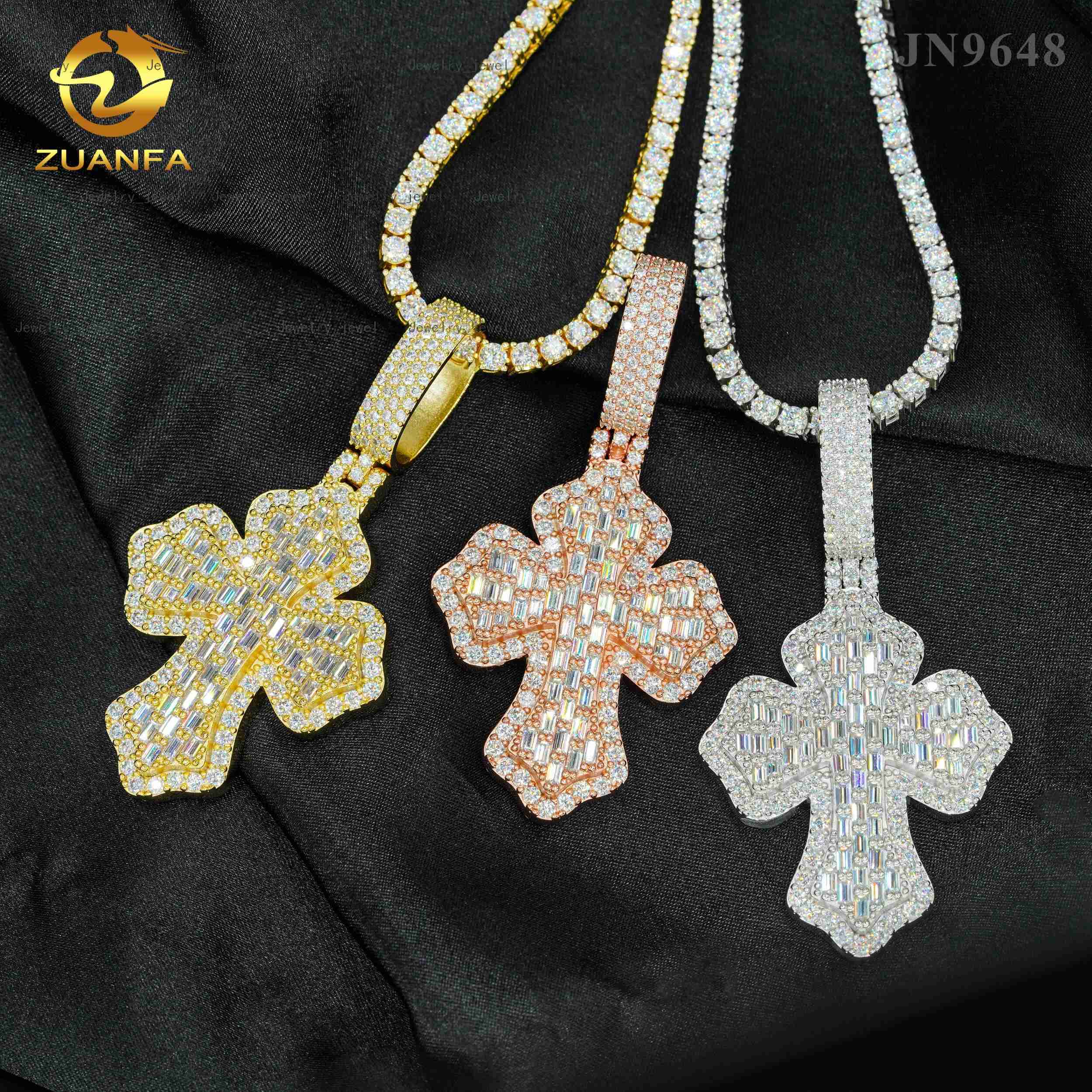 Custom Hip Hop Jewelry Cross Pendant Silver 925 Iced Out Baguette Cut Moissanite Cross Pendant Wholesale Price