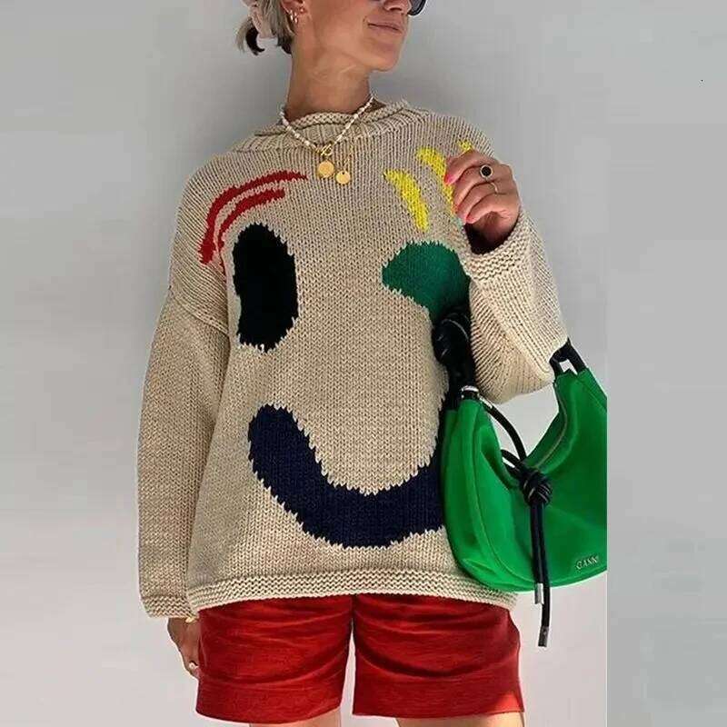 Designer Clothes New Autumn Women S Oversized Sweaters O Neck Knitwear Long Sleeve Loose Fit Pullovers Female Casual Smile Boho Sweater Tops Hot Sel