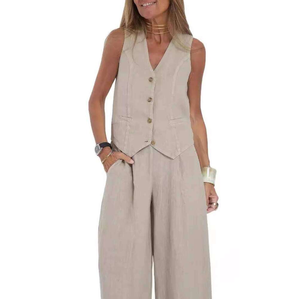 Designer Clothes New Trousers Patchwork Cotton Linen Casual Suit Summer Solid Women Vest Top Wide Leg Pants Two Peice Set Hot Selling