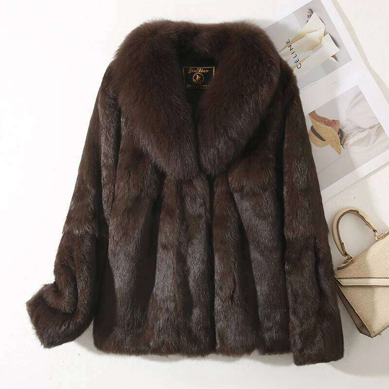 Genuine Whole 100% Real Coat With Luxury Natural Fox Collar Jacket Full Pelt Rabbit Fur Overcoat
