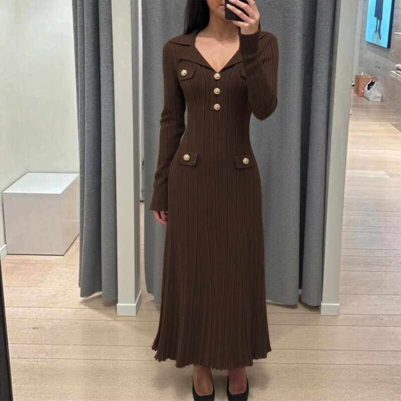 Korean Women Brown Elegant Long Sleeved Lapel Dresses Autumn Winter Temperment Slim Festival Fishtail Knitted Dress Simple