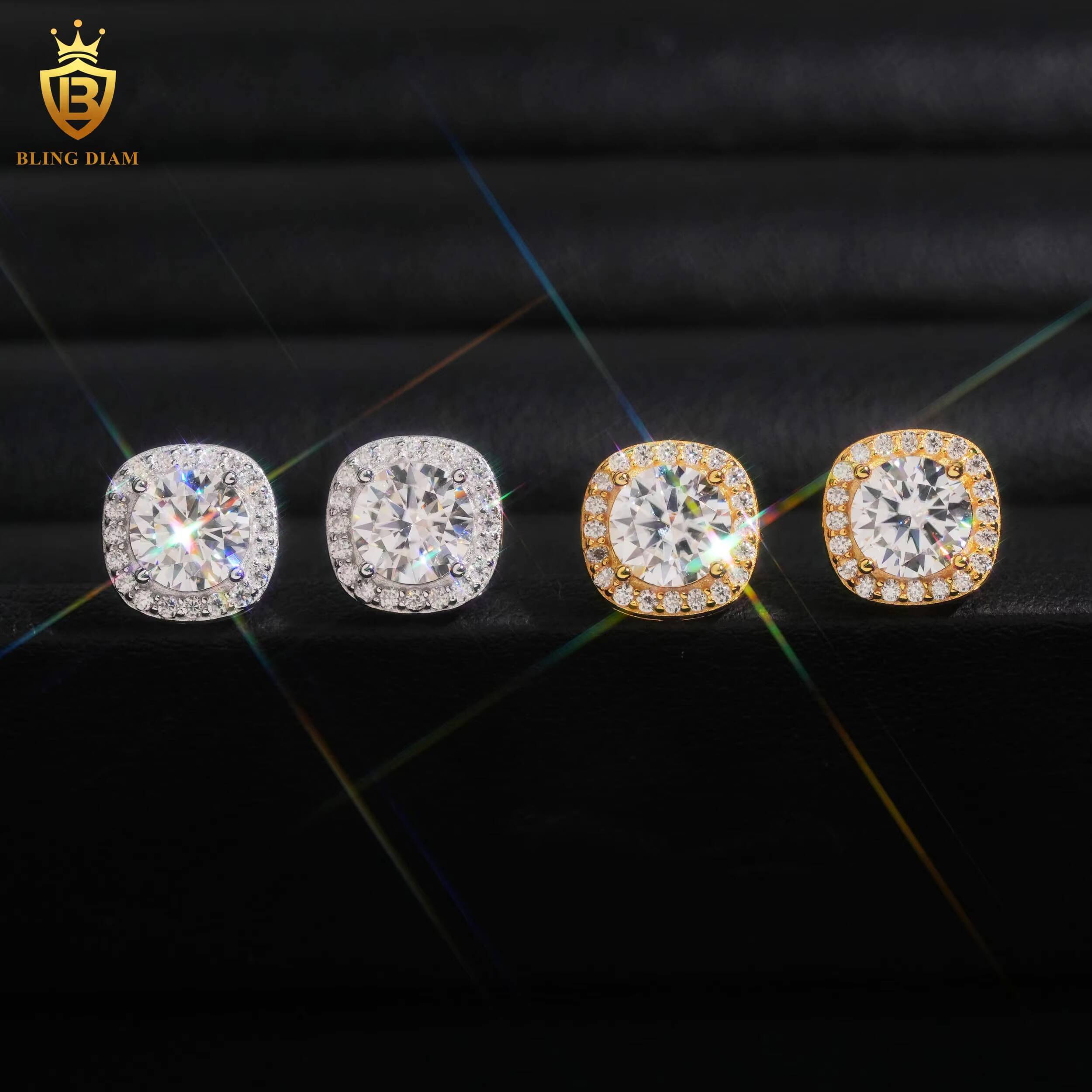 Wholesale Blingdiam Fine Jewelry Round Cut 65mm Vvs1 Moissanite 925 Sterling Silver Square Earrings Stud Screw Back for Men
