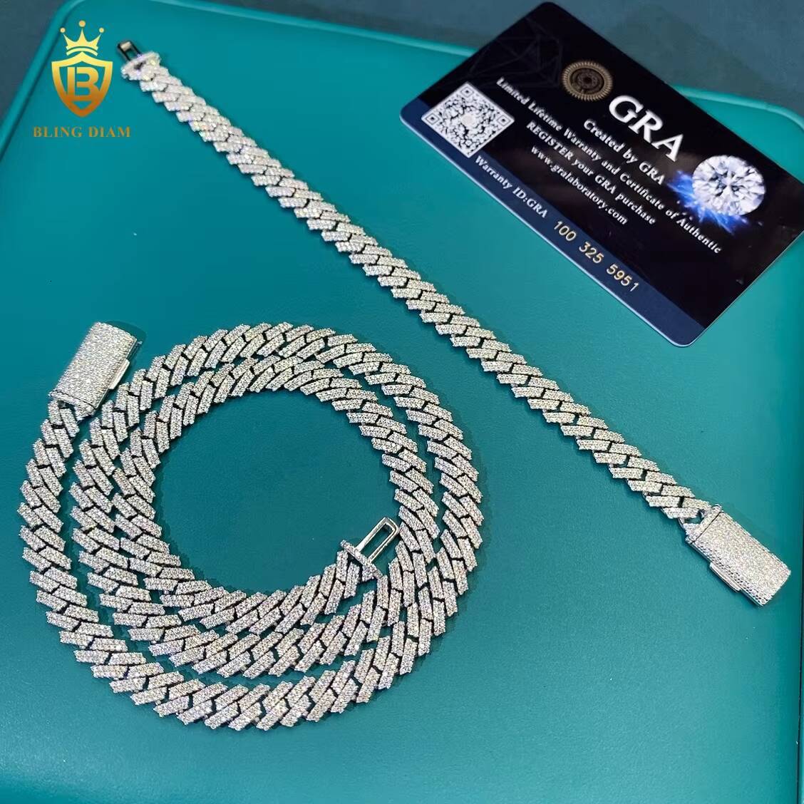 Hot Selling Silver Chain 8mm Cuban Link Chain Moissanite Bracelets Vvs Moissanite Chain Hiphop Men Moissanite Cuban Link