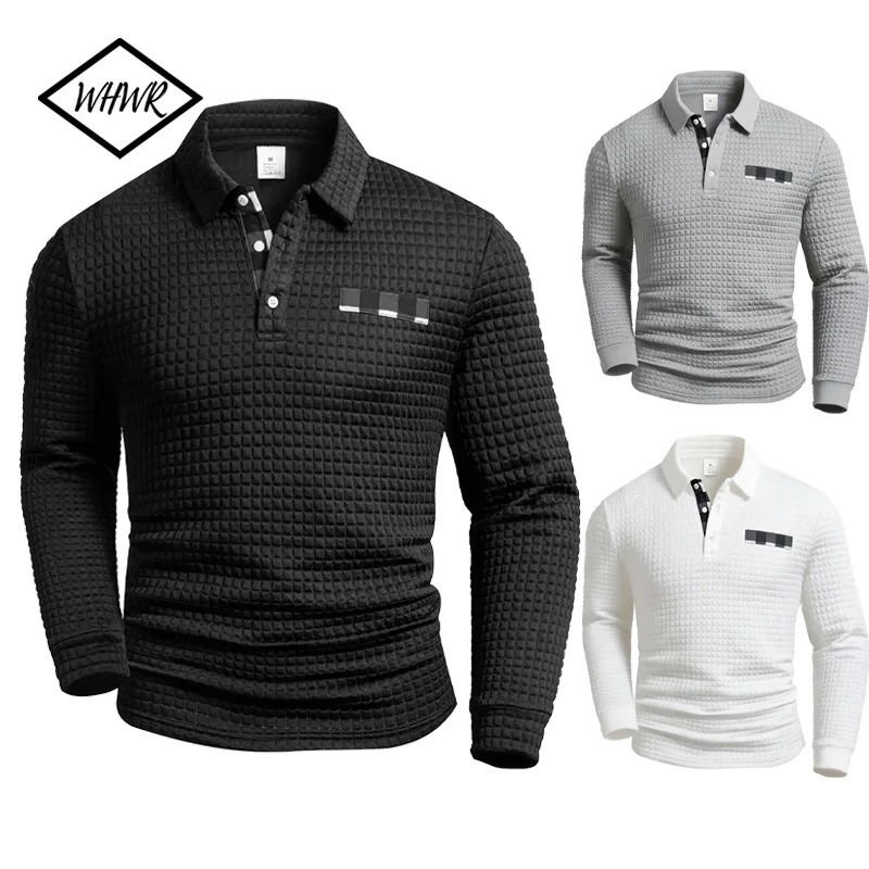Mens Polo Shirts Square Plaid Texture Fabric Solid Color Mens Long Sleeve Tops Button Checkered Patchwork Henley Collar251210