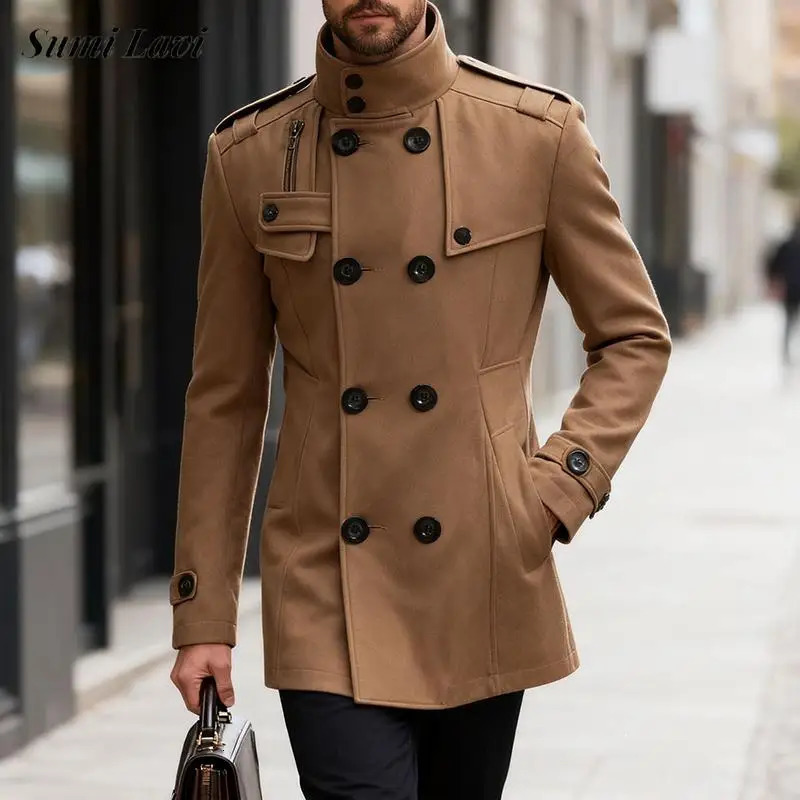 Vintage Lapel Doublebreasted Woolen Coats Men Fall Winter Solid Color Trench Coat Casual Mens Slim Midlength Overcoat 251211