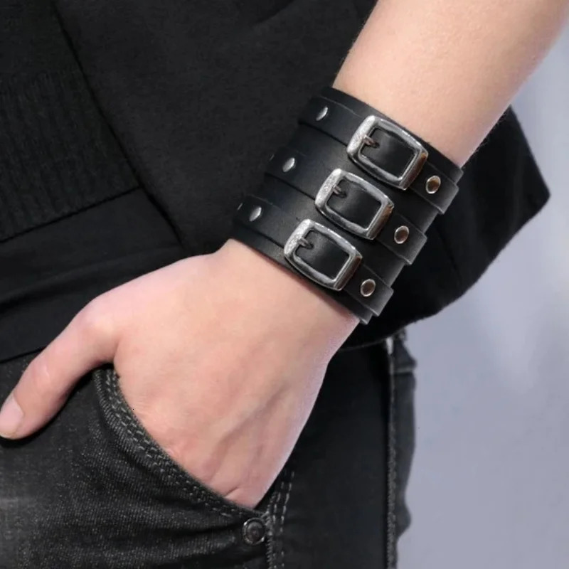 Pulsera de cuero vintage Brazalete Brazaletes de metal gótico Hebilla oculta Pulseras punk góticas ajustables Joyería para hombres 251212