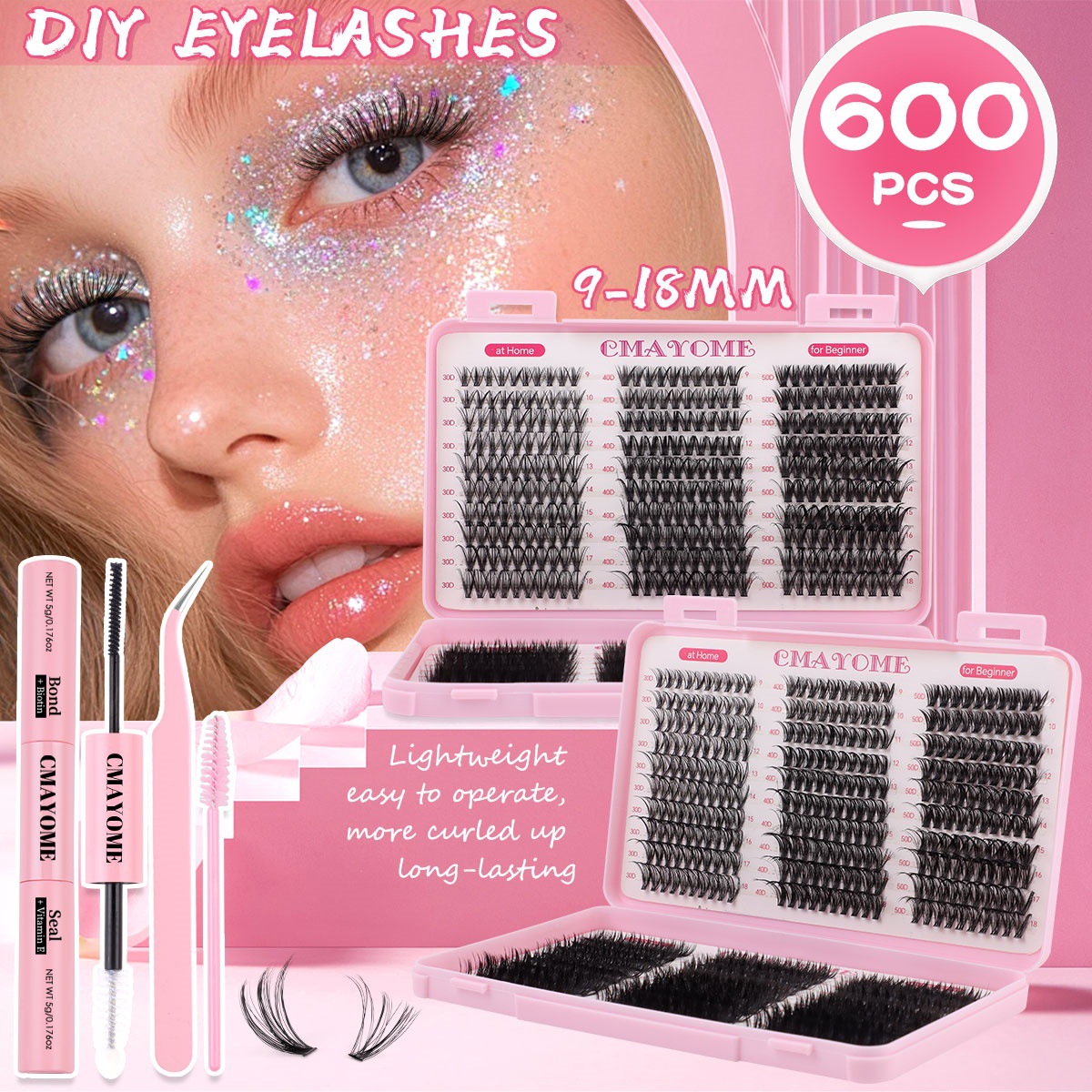 DIY Cluster Lashes Kit 600Pcs Thick Fluffy Individual Eyelashes Soft Lightweight Handmade Reusable D Curled DIY Segmented Eyelash Extensions Beau-image-270559171