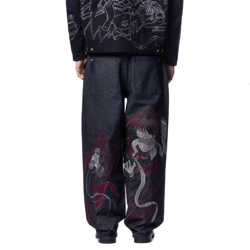 Y2K wall street black raw jeans Vintage leather label high quality cartoon embroidery pattern baggy men women straight leg jeans 251210
