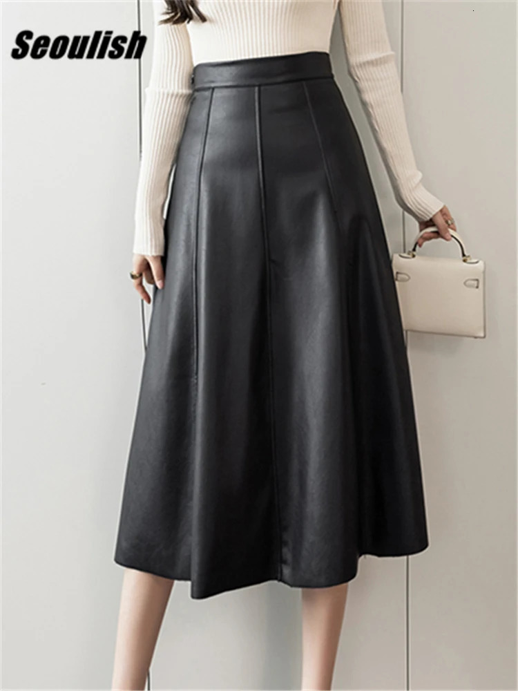 Seoulish Black Faux PU Leather Womens A-Line Skirts Autumn Winter High Wasit Solid Chic Umbrella Office Skirts Female 251205