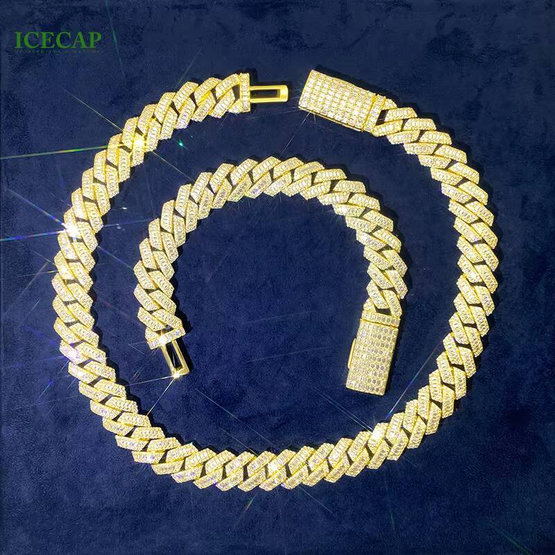 15 MM Gold Plated Baguette Moissanite Fine Jewelry Bracelet Necklace Set for Party Wedding Anniversary-Hip-hop Cuban Chains Gift