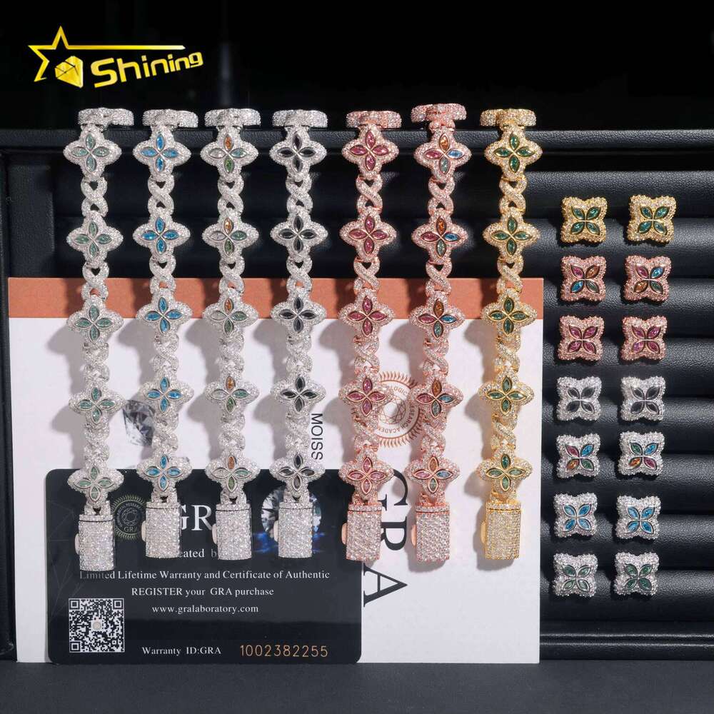 Hot Sale VVS Moissanite Iced 925 Sterling Silver Colorful Silicon Stone Flower 7inch Bracelet 15mm Earrings Jewelry Set