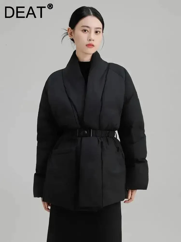 DEAT Fashion Brown Cottonpadded Coat Womens Vneck Loose Big Pockets Sashes Thick Warm Jacket Winter 251210