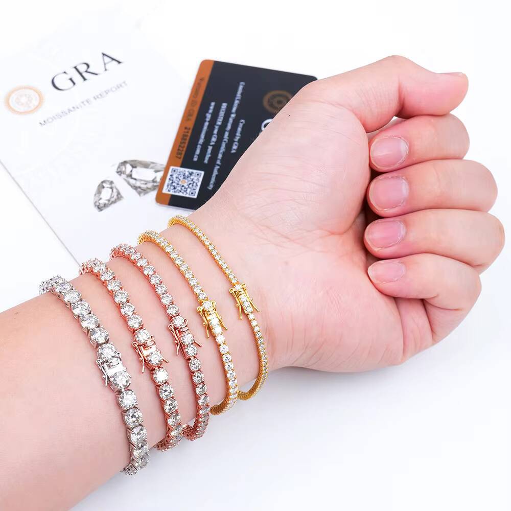 Fast Shipping Hiphop Jewelry 925 Silver Chain White Yellow Rose Gold Plated Round Shape Moissanite Tennis Bracelet for Rapper