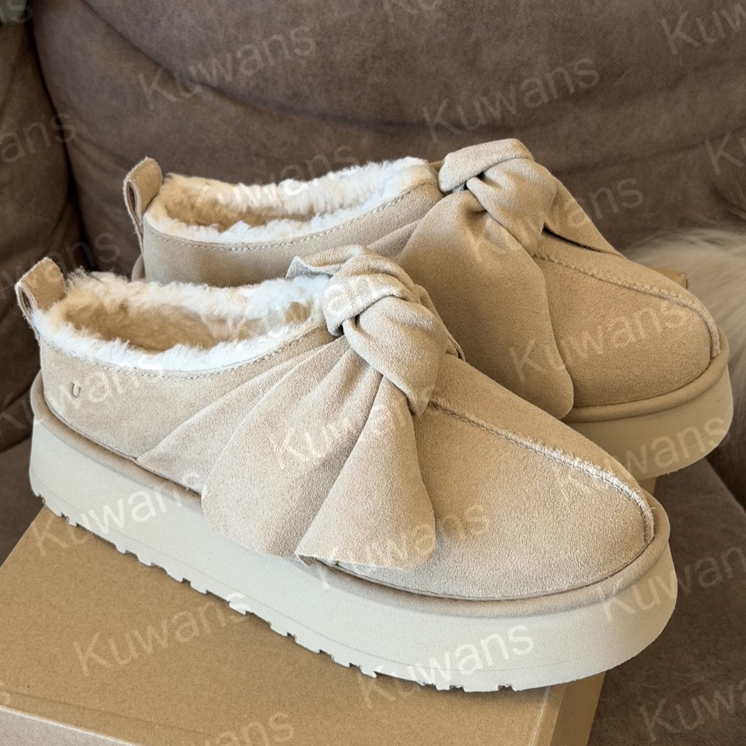 Designer Platform Slip On Bow Slippers Tazz Slippers With Bow Classic Mini Bows Boots Ultra Mini Snow Boot Women Fur Sheepskin Tasman Chestnut Sand