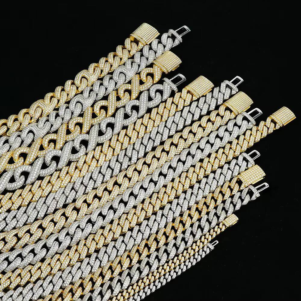6mm-16mm Width Cuban Link 925 Sterling Silver Gold Plated Full of Iced Out Moissanite Hiphop Necklace Cuban Chain for Rapper