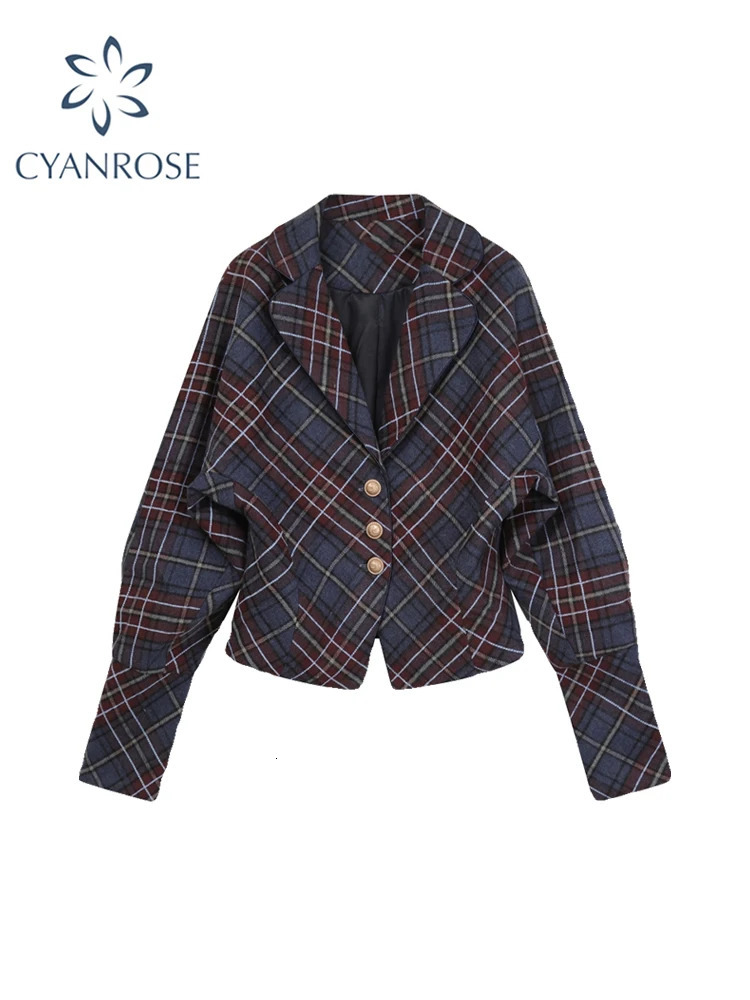 Womens Plaid Blazer Coat Fashion 90s Vintage Streetwear Harajuku Long Sleeve Suit Jacket Outerwear Top Emo 2000s Clothes 251205