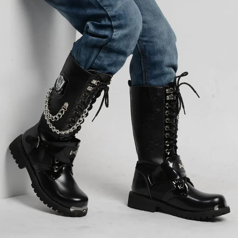 Mens Leather Motorcycle Boots Fashion Chain Mid-calf Platform Boots Gothic Belt Punk Boots for Men Biker Boots Men 251212