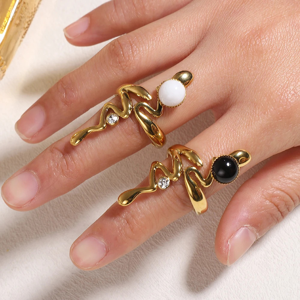 Natural Stone Zircon Snake Rings For Women Stainless Steel Retro Vintage Opening Wedding Ring Fashion Jewelry Gifts 251210