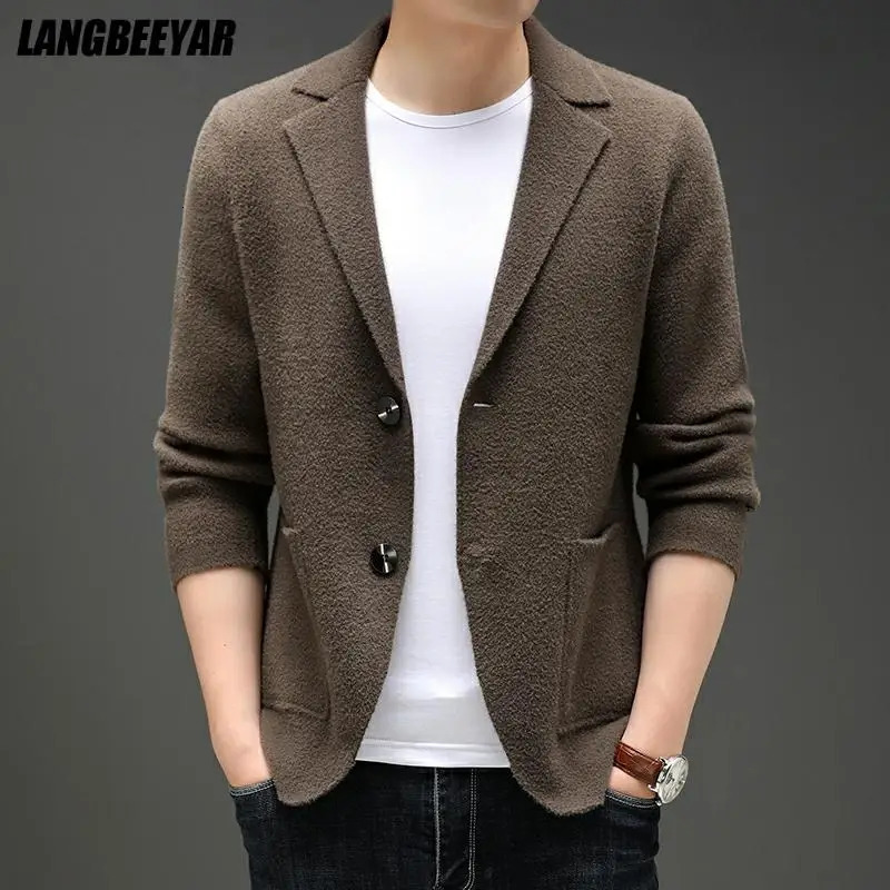 Top Grade Autum Winter Fashion Knit Blazer Mens Cardigan Slim Fit Sweater Casual Coats Jacket Clothes 251211