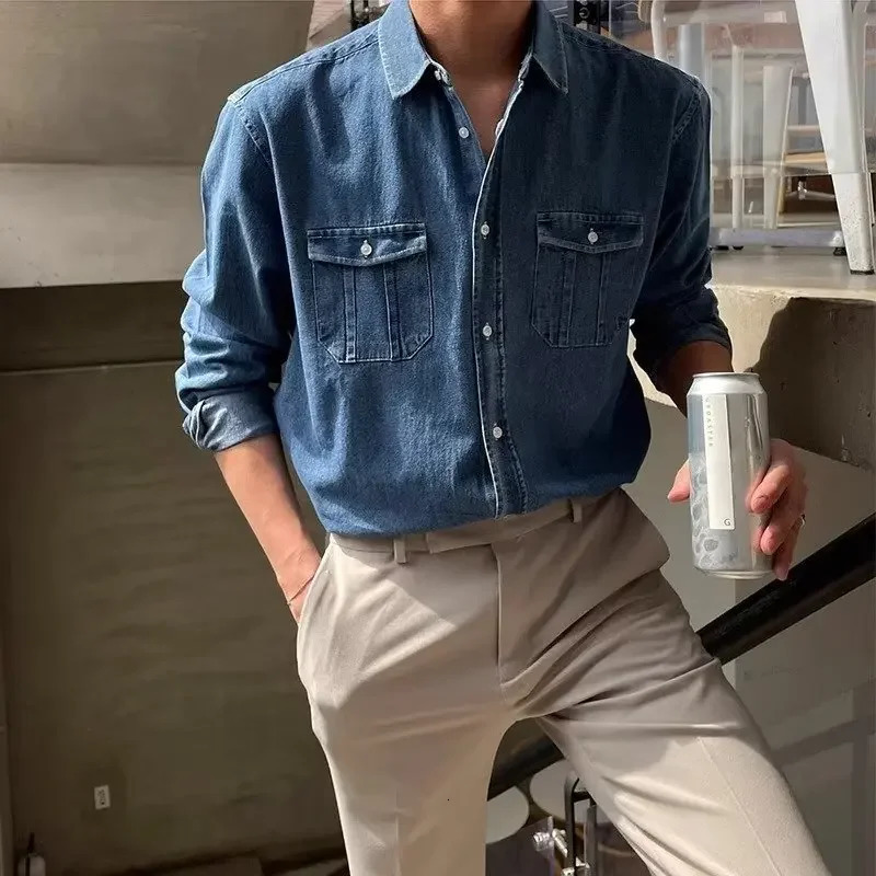 Washed Vintage Denim Shirt Mens Spring Loose Long Sleeve Workwear Casual Versatile Korean Style High-End Feeling251205