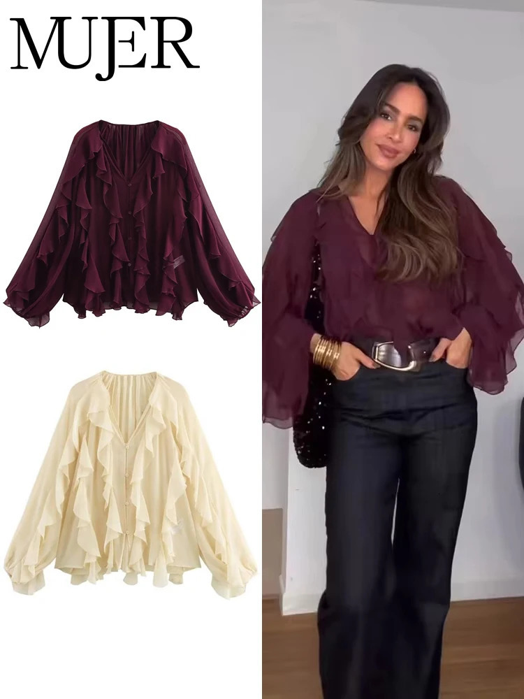 MUJER 2025 Ruffle Blouses for Women Semi Sheer Shirts and Blouses Woman Summer Casual Blouses Woman Fashion Tops Womens Blouses 251205