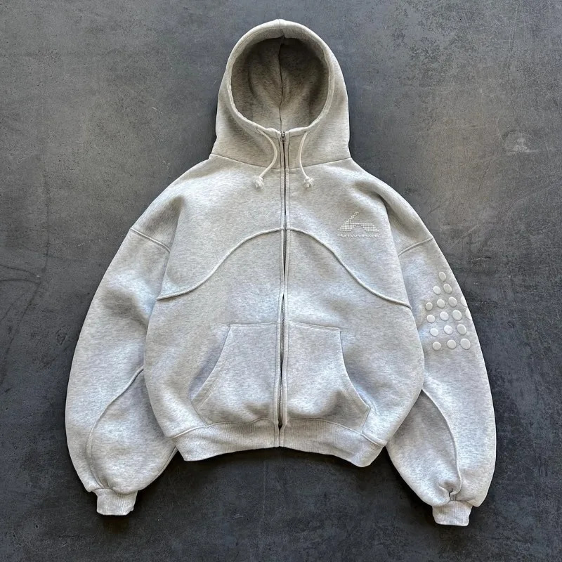 Y2K Retro Loose Hoodie Oversized Gray Patchwork Foam Printing Label Trendy Casual Swearshirt Gothic Hip Hop Men Women Hoodie 251209