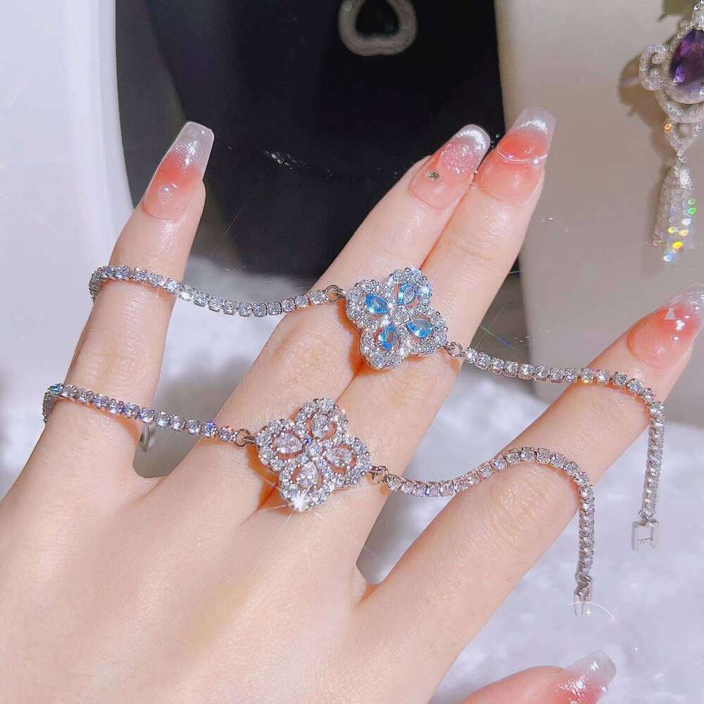 Silver Gold-Plated Moissanite Four-Leaf Clover Tennis Bracelet, Twisted Singapore Chain with Bezel Setting, Lobster Clasp, Hip Hop Rock Jewelry