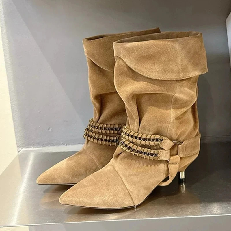 Autumn Winter Shoes Street Fashion Metal Buckle Women Mid Calf Boots Vintage Pointed Toe Low Thin Heels Western Booties 251212