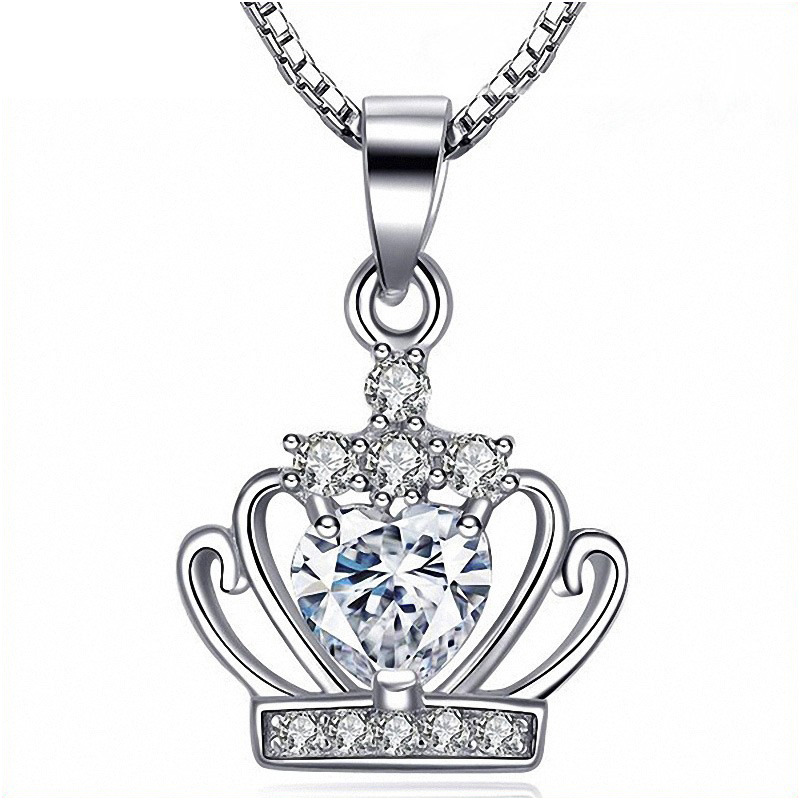 Noble Luxury CZ Crystal Crown Pendant Necklace for Women Bride S925 Sterling Silver Plated Plated Princess Empress Diamond Necklace Wedding Jewelry