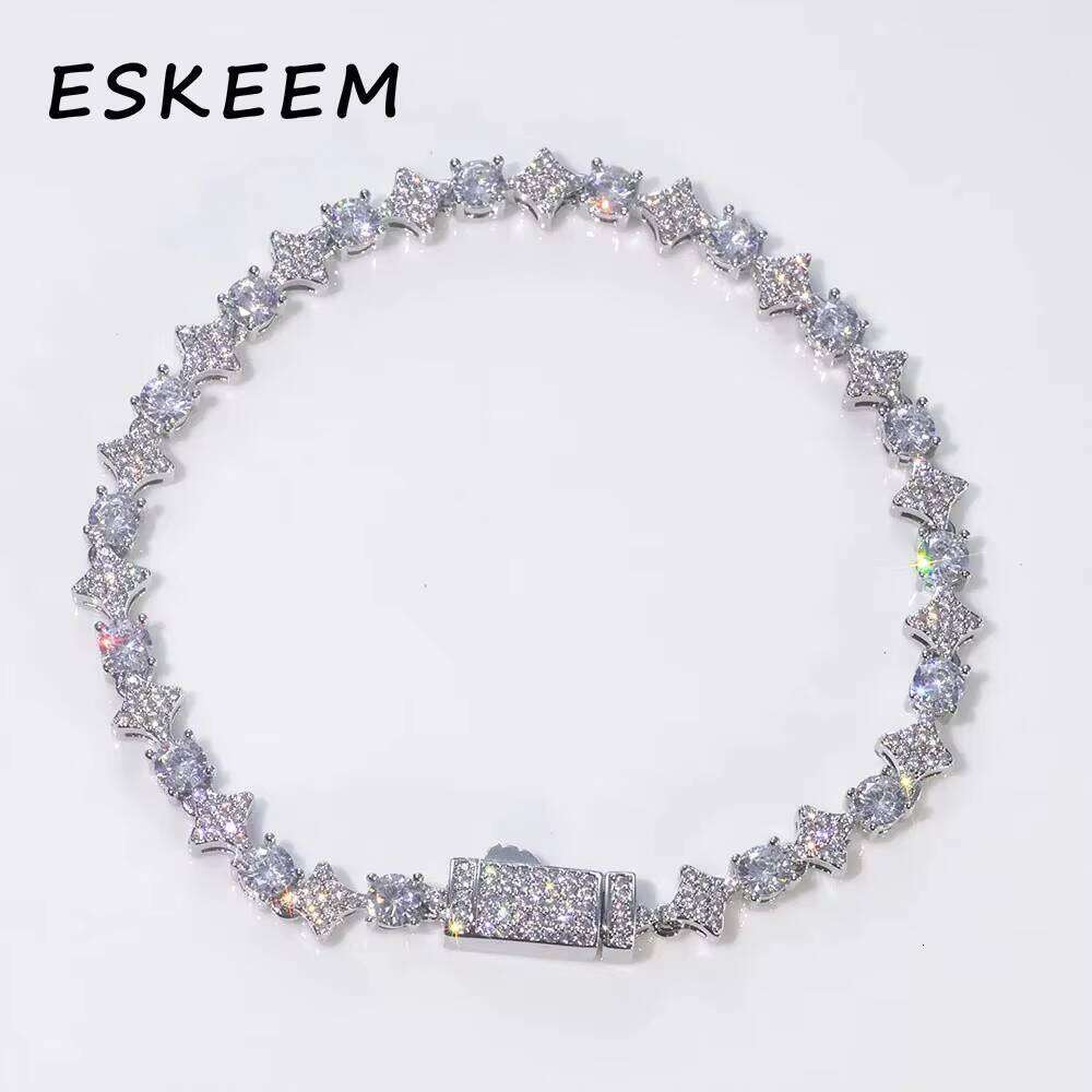 Iced Moissanite Tennis Chain Star Round Design White Gold 6mm 925 Sterling Silver Charm Bracelet Women's Boutique Jewelry
