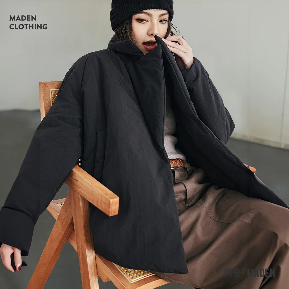 Maden Womens Cottonpadded Lapel Coat Loose Fit Warm Short Puffer Jacket Casual Commuter Black Korea Parkas Winter Outerwear 251210