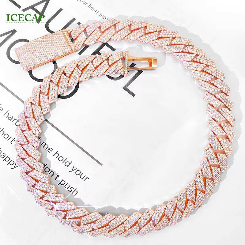 Rappers Jewelry HipHop Cuban Link Chain 18mm 3 Rows Rose Gold Plated Iced Out Moissanite Diamond Cuban Chain Necklace