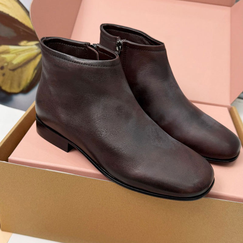 Fume Leather Booties 5T519E Designer Luxury Cowhide Ankle Boots Womens Retro Polished Short boot Ladies Side Zipper Boots Rubber Outsole Sizes 35 41