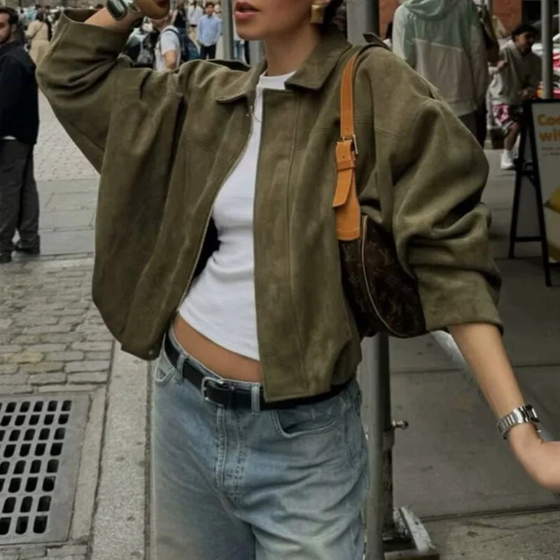 Retro Style Suede Jacket Zipper Collar Outerwear for Women Medium Thickness Long Sleeve Street Fashion Loose Fit Autumn Winter251205