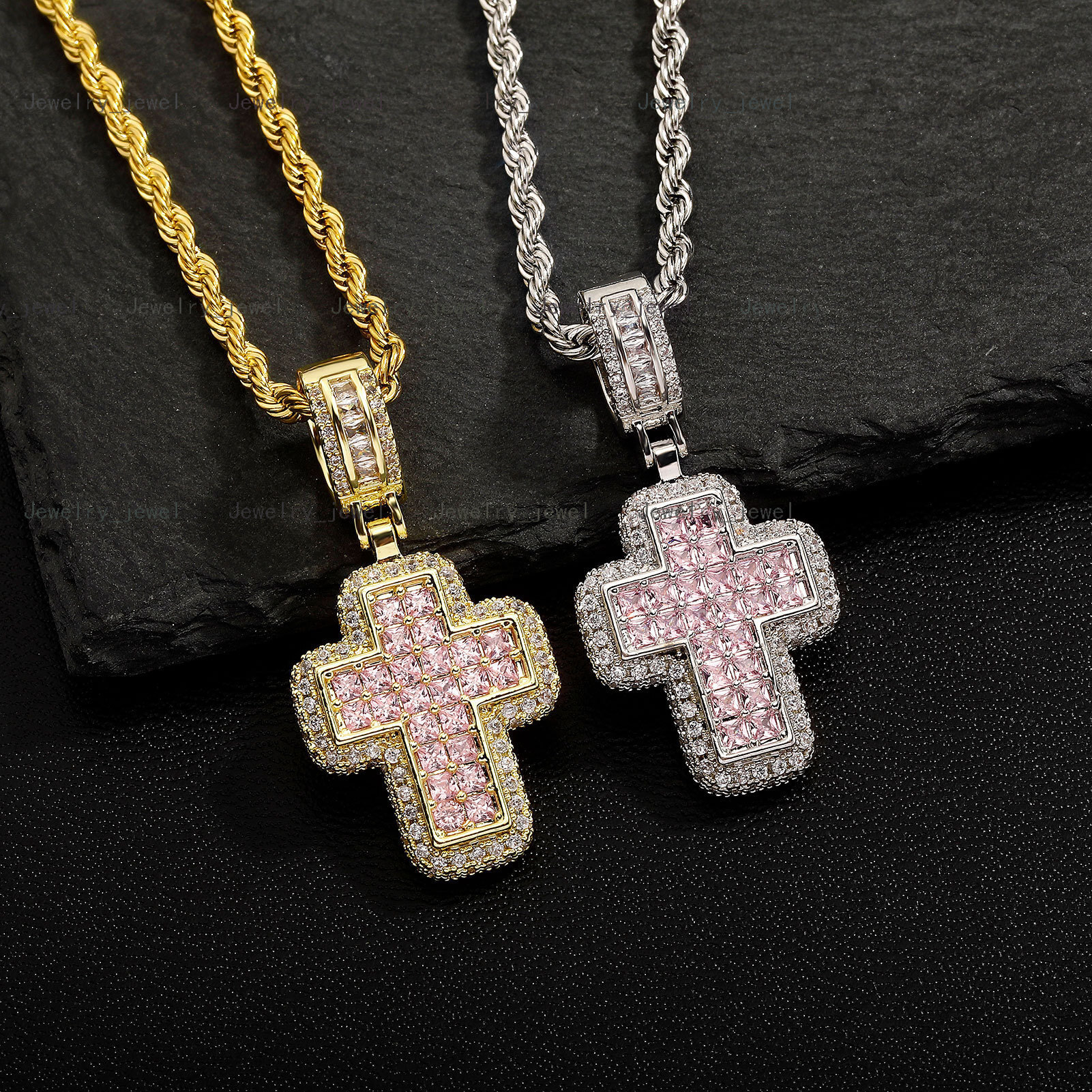 Childrens Cross-Border Hip-Hop Fashion T Square Moissanite Pink Cross Necklace Personality European American Street Trend Gold