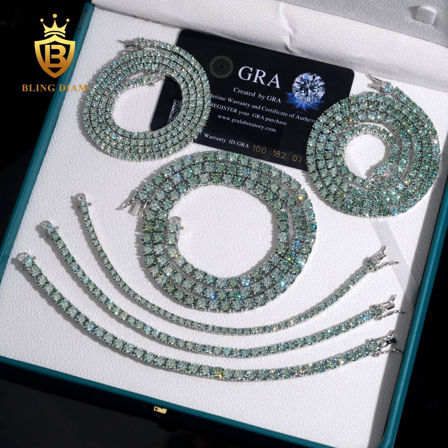 Luxury Style 925 Sterling Silver Iced Out Hip Hop Jewelry Blue Green Moissanite 3mm 4mm 5mm Tennis Chain Necklace