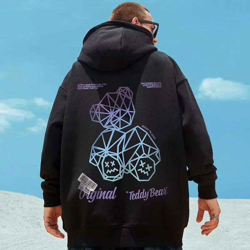 M8XL Oversized Hoodie Mens American Pullover Sweatshirt Cartoon Geometry Bear Print Hooded Sweater Long Sleeve Shirt 251201