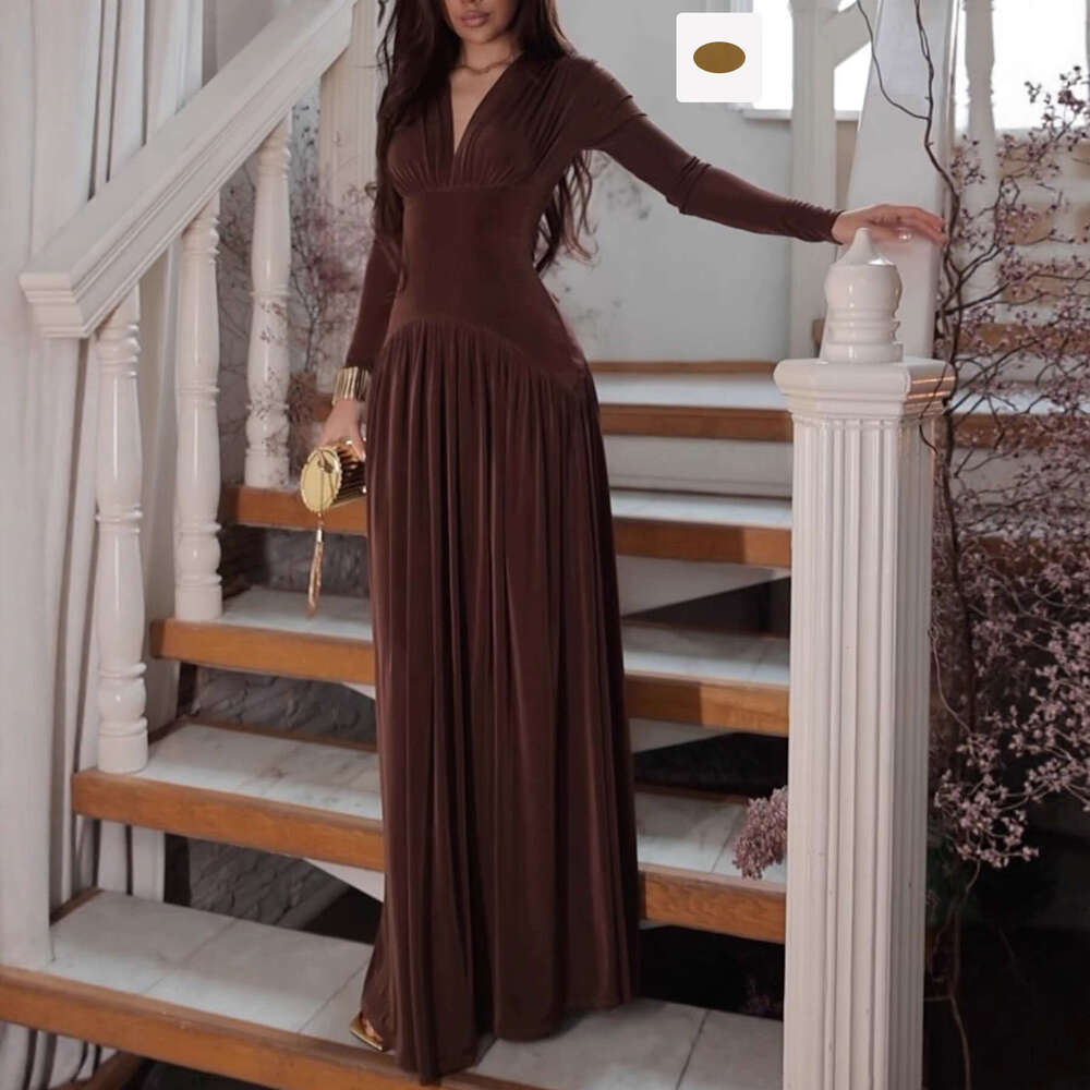 Office Casual High Waist Long Sleeved Dresses Fashion Women's V Neck Solid Color Velvet Dress Sexy Slim Fit Pleated Robe Dress Luxury