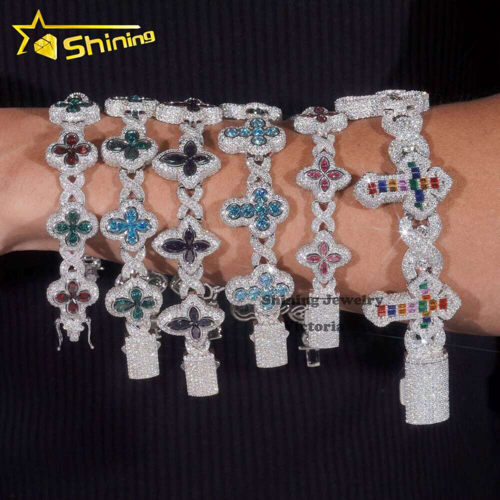 Hot Sale Multiple Options Flower Cross Clover Style Infinity S925 VVS Silicon Stone Diamond Cuban Chain Bracelet Men's Jewelry