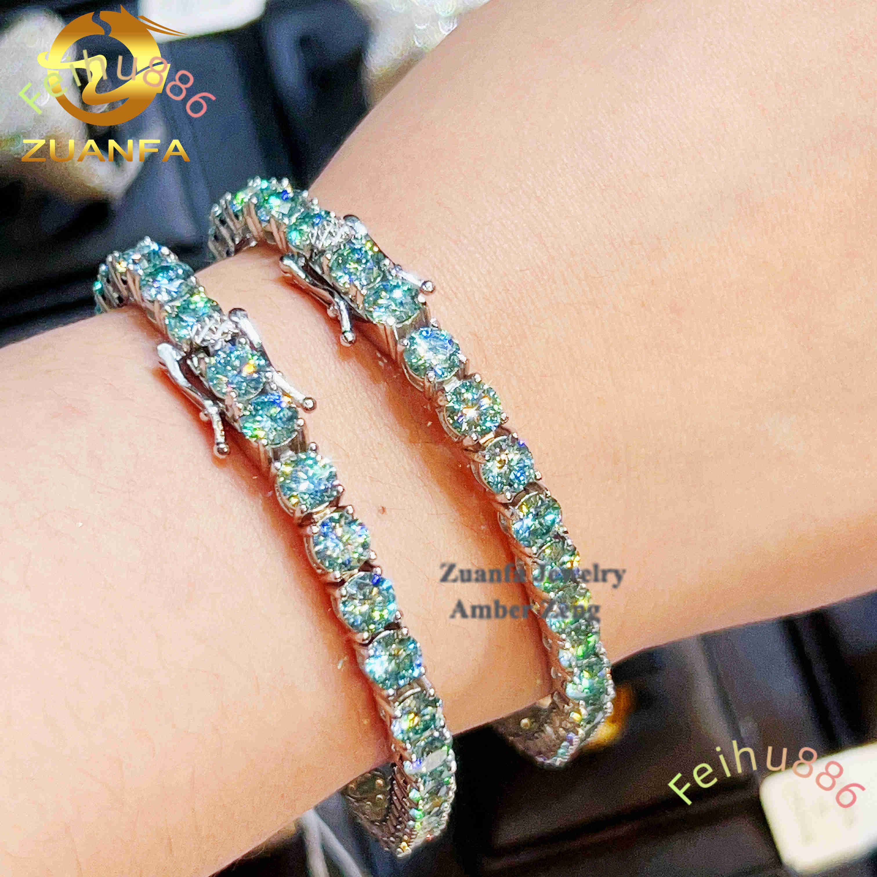 Wholesale Fashion 925 Sterling Silver Hip Hop Tennis Necklace 4mm Blue Green Color Diamond Moissanite Tennis Bracelet