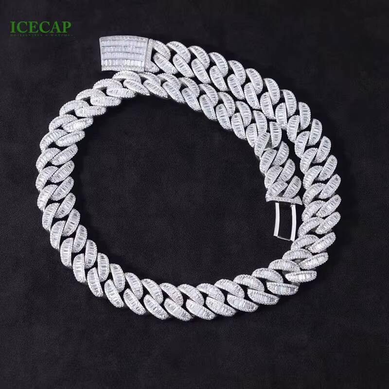 Hiphop Men 925 Sterling Silver VVS Moissanite Necklace Baguette Diamonds 20mm Iced Out Moissanite Cuban Link Chain