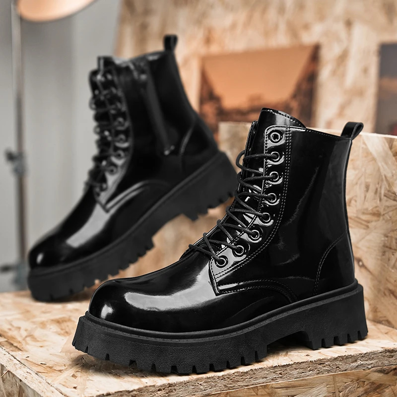 Men Shoes Couple Leather Boots Men Women Unisex Outdoor Casual Shoes Leather Motorcycle Boots High Top Glossy Mens Ankle Boots 251212